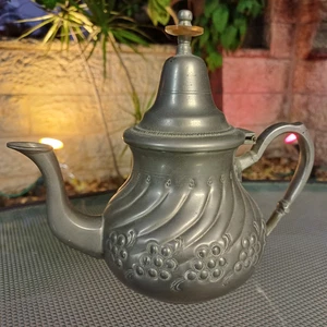 Vintage Moroccan African HandMade Copper Engrave Kettle Teapot Tea Silver Plated - Picture 1 of 12