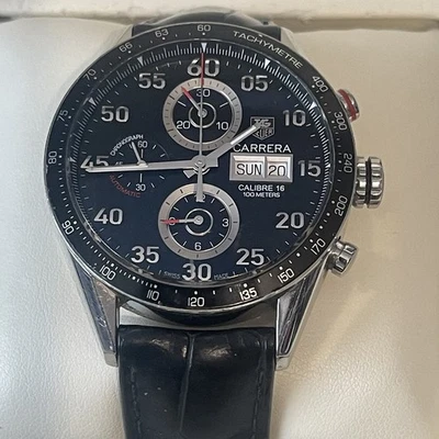 Reloj TAG HEUER CARRERA Calibre 16 Días Fecha Cara Negra Correa Cuero CV2A10 Acero Foto 1 de 4