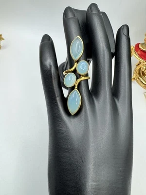 Lindo anel grande de pedra preciosa azul calcedônia tamanho 7 latão metal - Imagem 1 de 4
