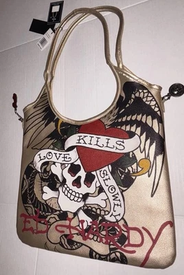 Bolsa tote Ed Hardy dourada bolsa carteiro amor mata lentamente coração caveira - Imagem 1 de 4