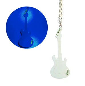 Glow Guitar Pendant Necklace with Vintage Uranium Glass Accents White Resin Rock - Picture 1 of 13