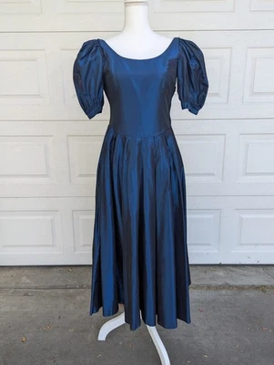 Vtg Laura Ashley Dress Blue Puffy Sleeve Ball Gown Prom 80’s Sz Sm Great Britain - Image 1 of 4