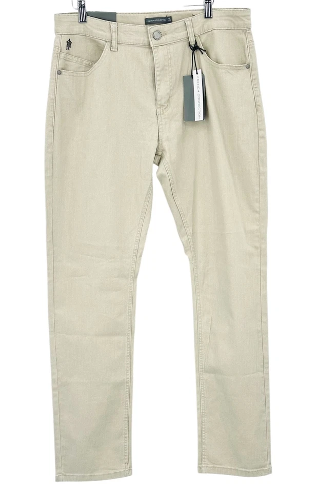 Pantalones de mezclilla para hombre FRENCH CONNECTION 34x32 beige piedra ajustados rectos 5 bolsillos nuevos con etiquetas Foto 1 de 4