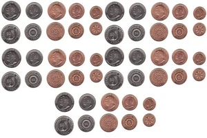 Turkmenistan - 5 pcs x set 5 coins 1 5 10 20 50 Tenge 1993 aUNC with dots - Picture 1 of 2