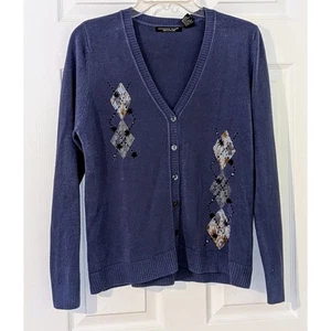 Reference Point Cardigan Sweater Medium Blue Argyle Embellished Knit Top NWT - Picture 1 of 8
