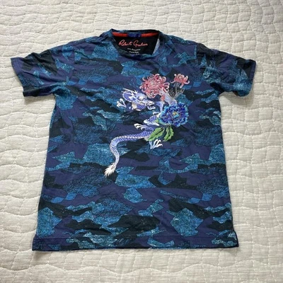 Camisa Robert Graham Para Hombres Pequeña Azul Dragón Floral Gráfico Camiseta Patrón Camuflaje Foto 1 de 4