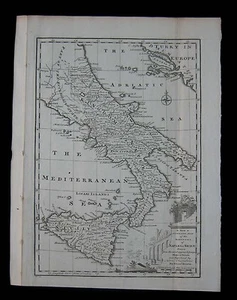 1747 Mapa Antiguo Original Reino de Sicilia Nápoles Sur de Italia Emanuel Bowen - Imagen 1 de 2