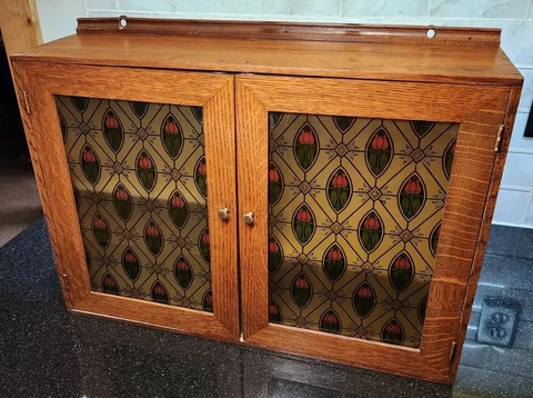 Wall or Medicine Cabinet Chest Oak 19th Century Roses Manner of Stained Glass Cover