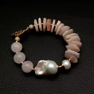 Bracciale Perline Perline Bianco Barocco Coltivato 8" Perla Rosa Berillo Quarzo Rosa Gioielli - Foto 1 di 6