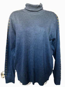 Joseph A. Size XL Blue Knit Lightweight Grommet Turtleneck Sweater Women's - Picture 1 of 10
