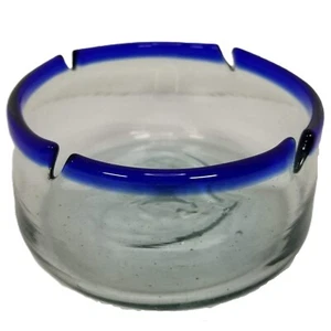 Vintage Mexican Hand Blown Large Glass Ashtray Clear with Cobalt Blue Rim - Picture 1 of 6