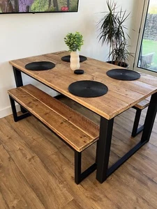 Square Frame Table Sets Bench Steel and Reclaimed Wood Custom Bespoke Dining Set - Picture 1 of 12