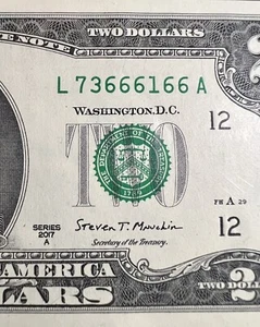 2017 A 2 DOLLAR) – NOTE, BILL -L73666166A–Fancy Serial # 5 Of A Kind 6’s. - Picture 1 of 3