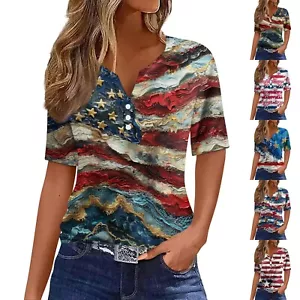 Women Summer Shirt 4th of July Patriotic Short Sleeve Tees Casual Floral Tops - Picture 1 of 10