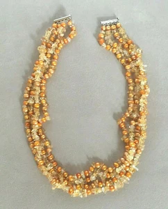 ross simons 4 row twisted 6-6.5MM gold pearl citrine 20" necklace ss silver  - Picture 1 of 12