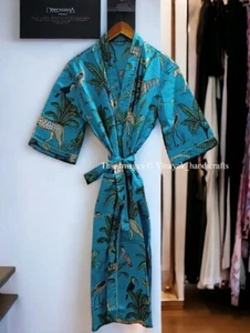Indian Cotton Long Kimono Forest Printed Women's Nightwear Robe Gown Dress - Picture 1 of 6