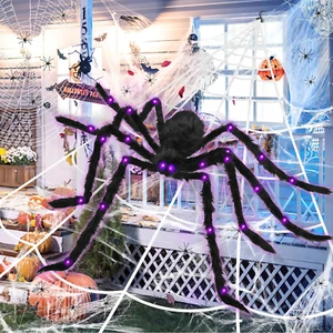 60'' Giant Light-Up Spider with Web 3 Modes Hairy Legs Halloween Indoor/Outdoor - Picture 1 of 12