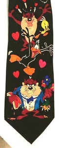 EUC Looney Tunes Mania Silk Tie Taz Valentines Cupid Love Tweety Daffy Pepe - Picture 1 of 12