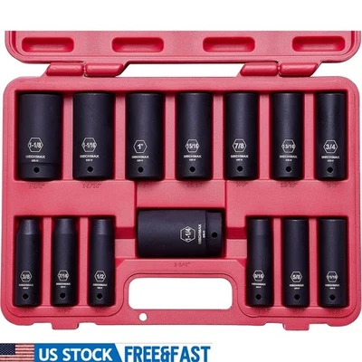 1/2 Drive Impact Socket Set 14 Piece CR-V Steel Deep Heavy Duty Storage Case New - Image 1 of 4