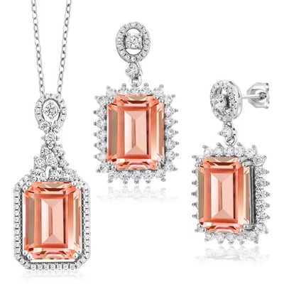 925 Sterling Silver Peach Nano Morganite Pendant and Earrings Jewelry Set For - Image 1 of 4