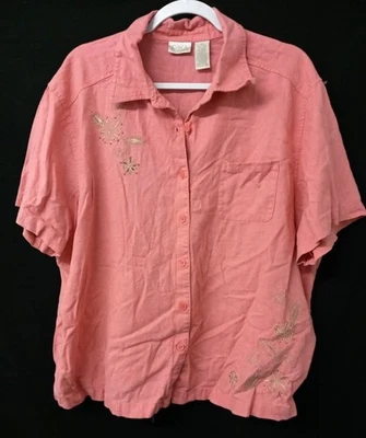 Top para mujer ERIKA rosa 3X lino rayón bordado abotonable Foto 1 de 4