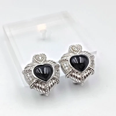 QVC Judith Ripka Sterling Silver 925 Black Onyx & CZ Heart Clip On Earrings - Image 1 of 4