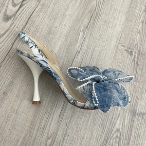 Vintage Betsey Johnson Size 6.5 High Heels Blue Floral Ribbon Bow Coquette Pumps - Picture 1 of 10