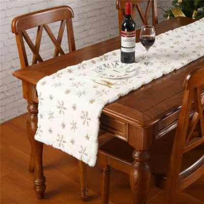 Faux Fur Table Runner with Snowflakes Snowy Rug table Cover Christmas Home Decor - Image 1 of 4