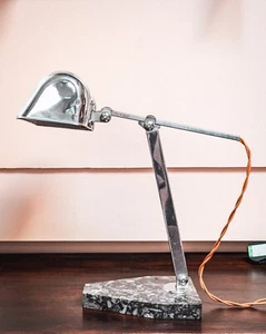 Vintage Chrome & Black Fossil Marble Base Art Deco Desk Lamp, Artisanat Francais - Picture 1 of 10