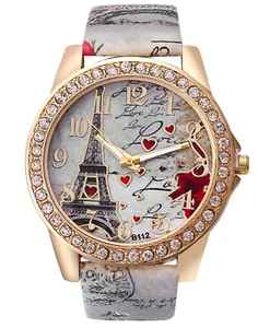 Womens Watch Eiffel Tower Design Analog Gift Fashion Leather Band Wristwatch - Picture 1 of 5