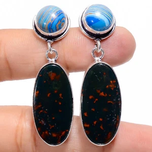 Bloodstone Rainbow Calsilica Gemstone Fashion 925 Silver Earrings 1.9" ARE-2605 - Picture 1 of 3