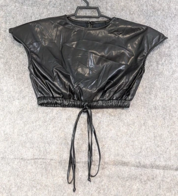 Olivaceous Top Women Small Black Faux Leather Cropped Off Shoulder Drawstring - Image 1 of 4