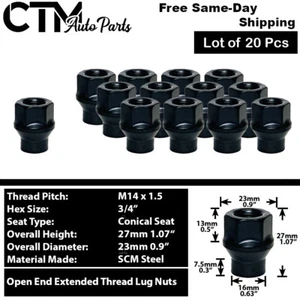 20Pc BLACK M14x1.5 OPEN END EXTENDED THREAD ET LUG FIT ACURA HONDA JAGUAR MORE - Picture 1 of 2