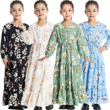 Kids Girls Floral Abaya Maxi Dress Islamic Muslim Kaftan Children Party Dresses
