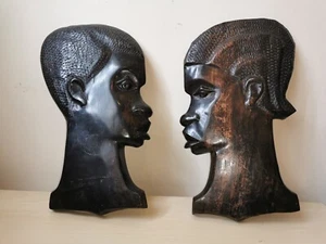 Duo Pair Antiques Detailed Faces Afro Cornrow Ebony Dark Wood Wall Plaques Decor - Picture 1 of 13