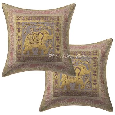 Indian Cotton Brocade Jacquard Pillow Cases 16 x 16 Elephant Cushion Covers 2 Pc - Image 1 of 3