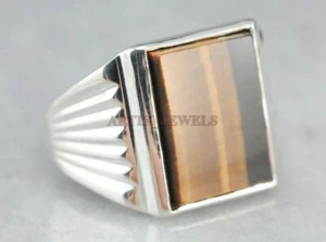 Natural Tiger's Eye Gemstone with 14K White Gold Plated Silver Men's Ring #1604 - Picture 1 of 15