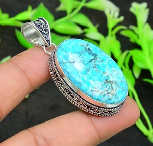 Blue Turquoise Gemstone Handmade 925 Sterling Silver Jewelry Pendant Sz-2.2'' - Picture 1 of 4