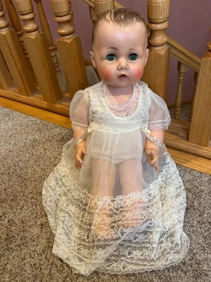 Adorable 21" vintage rubber vinyl baby infant doll w/ fancy gown unknown - Image 1 of 4