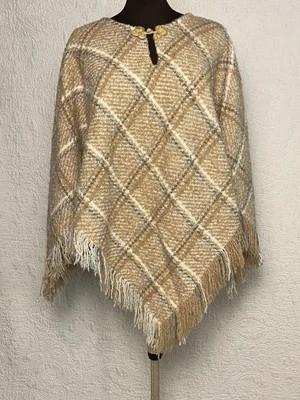 Boyne Valley Weavers Ireland Poncho Cape Wool Blend Beige Plaid One Size Plus - Image 1 of 4