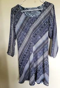 Reversible Womens Tunic Dress Blue White Prints Long Sleeve L - Picture 1 of 4
