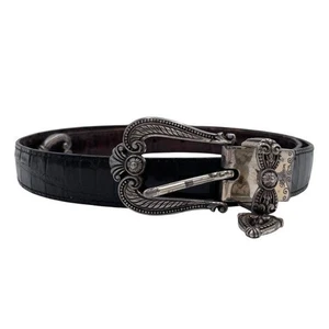 Vintage 80s 90s Brighton Black Leather Belt Women's Size 32 Silver Heart Charm - Picture 1 of 10