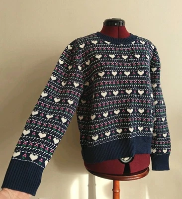 Fox In Gown Women's Crew Neck Sweater Navy Blue Knit Heart Floral Crew Neck XS - Image 1 of 4