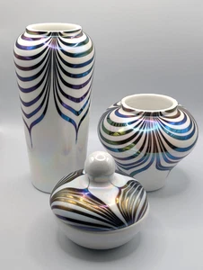 Dekorative irisierende Keramikvasen/Deckeldose - Ziehfeder/Marmormuster - Bild 1 von 10