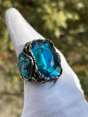 Aquamarine 925 Sterling Silver Men’s Ring, Turkish Blue Gemstone Ring - Image 1 of 4