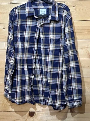 American Eagle 男式蓝色和金色长袖纽扣法兰绒棉 2XL 码 — 第 1/4 张图片