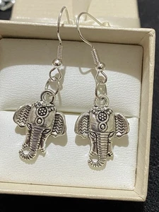 Silver Tone Lucky Elephant Fun Fashion Dangle Earrings Animal Lovers Protectors - Picture 1 of 6