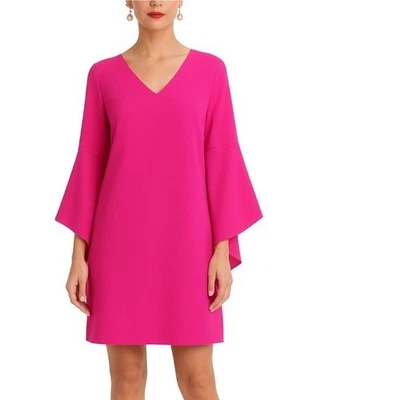 Trina Turk Nico V Neck Bell Sleeve Sheath Mini Dress Pink Size S retail $178 - Image 1 of 4