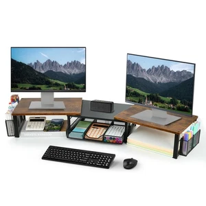 Elevador de soporte para monitor doble de escritorio - Organizador de escritorio con cajón y soportes para bolígrafos, O... - Imagen 1 de 8