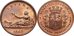 1868(1968), Spain. Bronze Pattern 5 Pesetas Coin. Numbered Restrike! NGC MS-63! - Picture 1 of 2